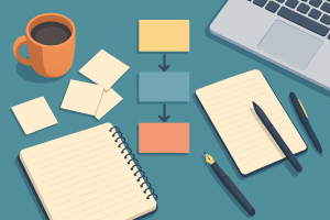 Top-down desk with notebook, laptop, pens, sticky notes, and flowchart blocks, illustrating planning of academic writing structure; no text on image.